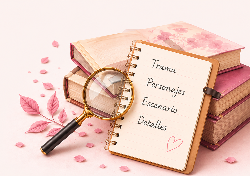 Libros, una lupa y un cuaderno con las palabras Trama, Personajes, Escenario y Detalles